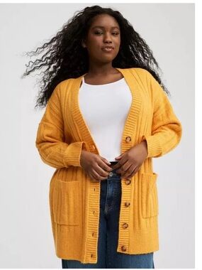 Torrid Ribbed Knit Boyfriend Cardigan V-Neck Button-Up Sweater Orange %X